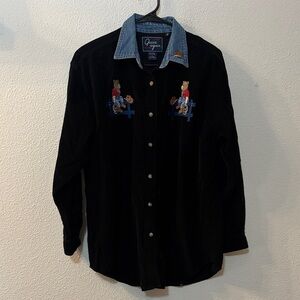 VTG Lets Quizz Again Black Denim Collar Shirt with Embroidery